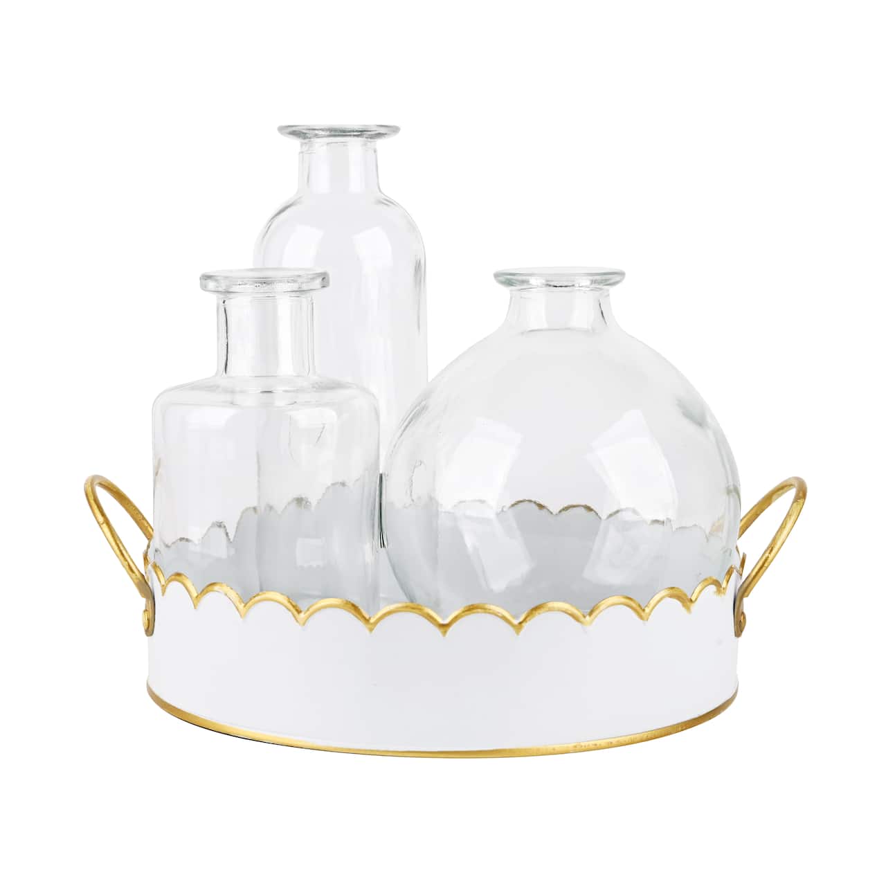White & Gold Scalloped Metal Tray with 3 Glass Vases by Ashland®